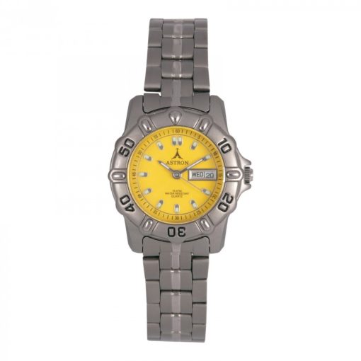 ASTRON 5015-9 női karóra, szürke színű titánium tok, titánium csat, sárga számlap, keményített ásványüveg, quartz szerkezet, 100 m (10 ATM) vízállóság