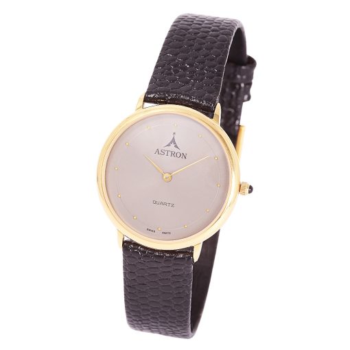 ASTRON 5152-8 férfi karóra, rózsaarany színű fém tok, fekete bőrszíj, szürke számlap, keményített ásványüveg, quartz szerkezet, cseppmentes vízállóság