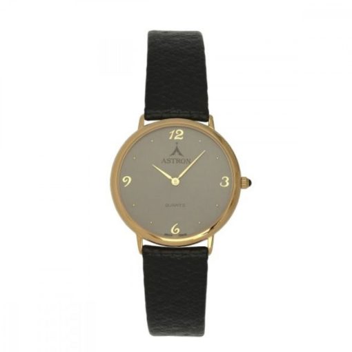 ASTRON 5156-8 férfi karóra, arany színű fém tok, fekete bőrszíj, arab számos számlap, keményített ásványüveg, quartz szerkezet, cseppmentes vízállóság