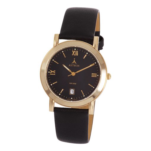 ASTRON 5168-1 férfi karóra, arany színű nemesacél tok, fekete bőrszíj, fekete számlap, keményített ásványüveg, quartz szerkezet, cseppmentes vízállóság