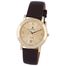 ASTRON 5168-9 elegáns férfi karóra, arany színű nemesacél tok, barna bőrszíj, római számos, arany színű számlap, keményített ásványüveg, quartz szerkezet, 50 m (5 ATM) vízállóság