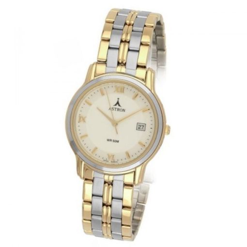 ASTRON 5209-7 férfi karóra, bicolor színű nemesacél tok, bicolor nemesacél csat, fehér számlap, keményített ásványüveg, quartz szerkezet, 50 m (5 ATM) vízállóság