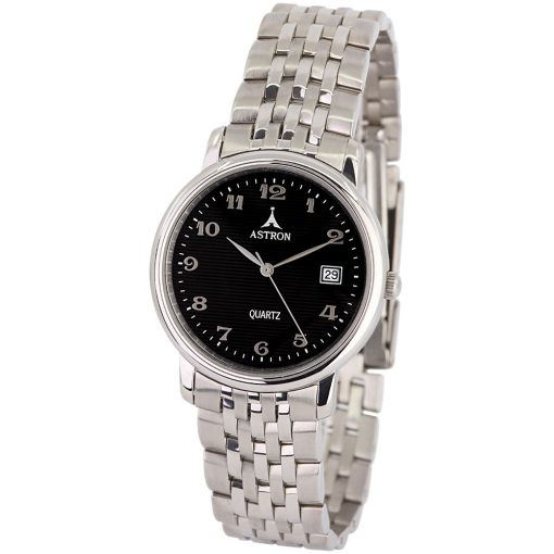 ASTRON 5220-1 divatos férfi karóra, ezüst színű nemesacél tok, ezüst színű nemesacél csat, arab számos, fekete számlap, keményített ásványüveg, quartz szerkezet, 50 m (5 ATM) vízállóság