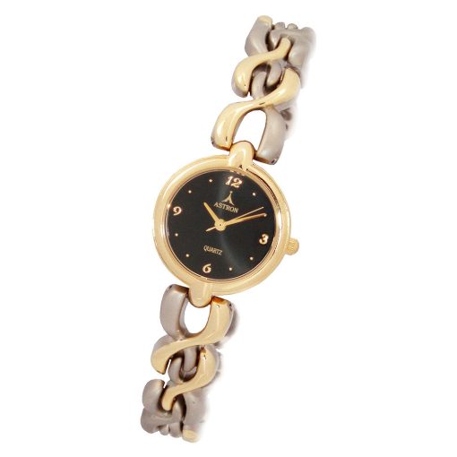 ASTRON 5251-1 női karóra, bicolor színű fém tok, bicolor fémcsat, fekete számlap, keményített ásványüveg, quartz szerkezet, cseppmentes vízállóság
