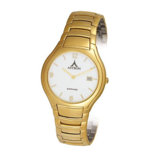 ASTRON 5271-7 férfi karóra, arany színű nemesacél tok, arany színű nemesacél csat, fehér számlap, keményített ásványüveg, quartz szerkezet, cseppmentes vízállóság