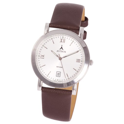 ASTRON 5406-8 férfi karóra, ezüst színű nemesacél tok, barna bőrszíj, ezüst színű számlap, keményített ásványüveg, quartz szerkezet, 50 m (5 ATM) vízállóság