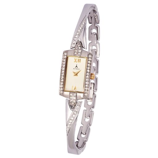 ASTRON 5482-5 női karóra, ékszeróra, bicolor fém tok, ezüst színű fémcsat, pezsgőszínű számlap, keményített ásványüveg, quartz szerkezet, cseppmentes vízállóság