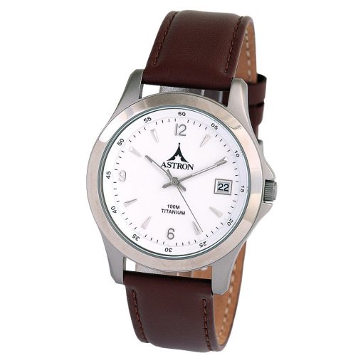 ASTRON 5486-7 férfi karóra, ezüst színű titánium tok, fekete bőrszíj, fehér számlap, keményített ásványüveg, quartz szerkezet, 100 m (10 ATM) vízállóság