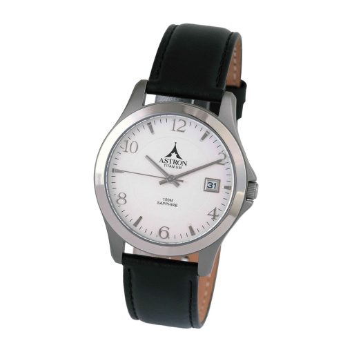 ASTRON 5488-8 férfi karóra, ezüst színű titánium tok, fekete bőrszíj, ezüst színű számlap, zafír, quartz szerkezet, 100 m (10 ATM) vízállóság