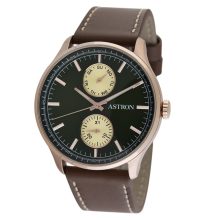 ASTRON 5502-4 férfi karóra, rózsaarany színű nemesacél tok, barna bőrszíj, zöld számlap, keményített ásványüveg, multifunkciós quartz szerkezet, 50 m (5 ATM) vízállóság