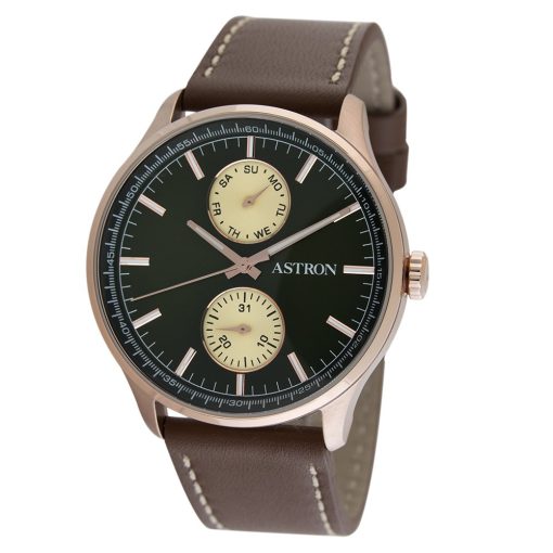 ASTRON 5502-4 férfi karóra, rózsaarany színű nemesacél tok, barna bőrszíj, zöld számlap, keményített ásványüveg, multifunkciós quartz szerkezet, 50 m (5 ATM) vízállóság