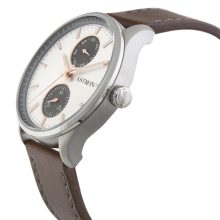 ASTRON 5502-7 férfi karóra, multifunkciós, ezüst színű nemesacél tok, barna bőrszíj, ezüst színű számlap, keményített ásványüveg, multifunkciós quartz szerkezet, 50 m (5 ATM) vízállóság