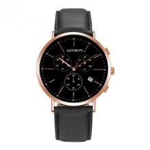 ASTRON 5504-1 férfi karóra, chronograph, rózsaarany színű nemesacél tok, fekete bőrszíj, fekete számlap, keményített ásványüveg, quartz szerkezet, cseppmentes vízállóság