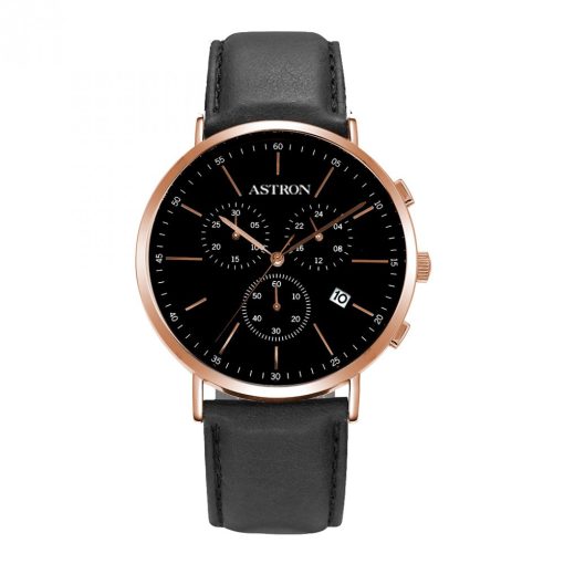 ASTRON 5504-1 férfi karóra, chronograph, rózsaarany színű nemesacél tok, fekete bőrszíj, fekete számlap, keményített ásványüveg, quartz szerkezet, cseppmentes vízállóság