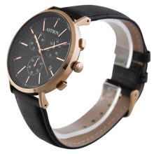 ASTRON 5504-1 férfi karóra, chronograph, rózsaarany színű nemesacél tok, fekete bőrszíj, fekete számlap, keményített ásványüveg, quartz szerkezet, cseppmentes vízállóság