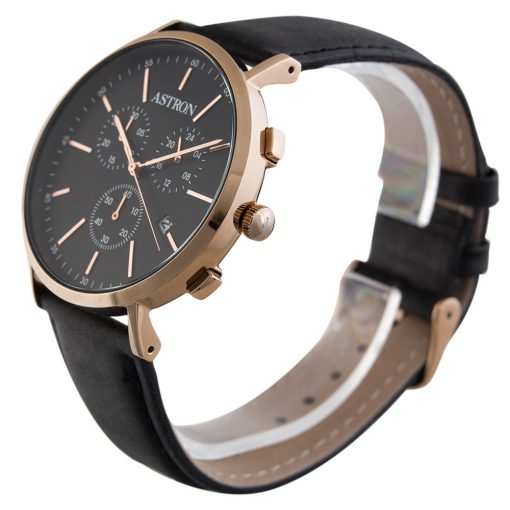 ASTRON 5504-1 férfi karóra, chronograph, rózsaarany színű nemesacél tok, fekete bőrszíj, fekete számlap, keményített ásványüveg, quartz szerkezet, cseppmentes vízállóság