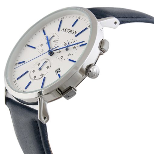 ASTRON 5504-7 férfi karóra, chronograph, ezüst színű nemesacél tok, kék bőrszíj, fehér számlap, keményített ásványüveg, quartz szerkezet, cseppmentes vízállóság