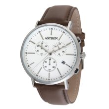 ASTRON 5504-8 férfi karóra, chronograph, ezüst színű nemesacél tok, barna bőrszíj, fehér számlap, keményített ásványüveg, quartz szerkezet, cseppmentes vízállóság
