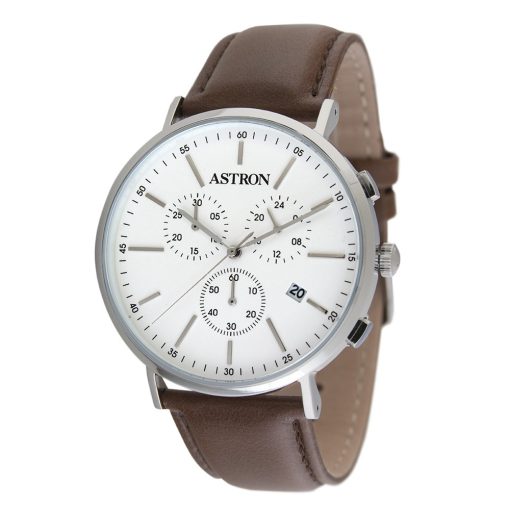 ASTRON 5504-8 férfi karóra, chronograph, ezüst színű nemesacél tok, barna bőrszíj, fehér számlap, keményített ásványüveg, quartz szerkezet, cseppmentes vízállóság