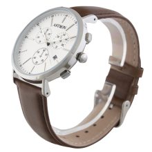 ASTRON 5504-8 férfi karóra, chronograph, ezüst színű nemesacél tok, barna bőrszíj, fehér számlap, keményített ásványüveg, quartz szerkezet, cseppmentes vízállóság
