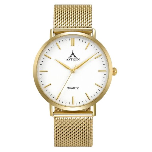 ASTRON 5505-8 férfi karóra, arany színű nemesacél tok, ezüst színű nemesacél csat, fehér számlap, keményített ásványüveg, quartz szerkezet, cseppmentes vízállóság
