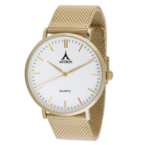 ASTRON 5505-8 férfi karóra, arany színű nemesacél tok, ezüst színű nemesacél csat, fehér számlap, keményített ásványüveg, quartz szerkezet, cseppmentes vízállóság