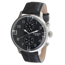 ASTRON 5506-0 férfi karóra, multifunkciós, ezüst színű nemesacél tok, fekete bőrszíj, fekete számlap, keményített ásványüveg, quartz szerkezet, cseppmentes vízállóság