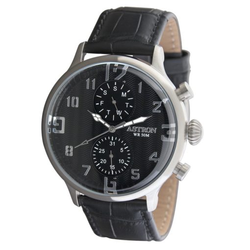 ASTRON 5506-0 férfi karóra, multifunkciós, ezüst színű nemesacél tok, fekete bőrszíj, fekete számlap, keményített ásványüveg, quartz szerkezet, cseppmentes vízállóság