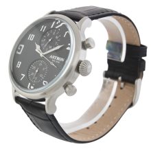 ASTRON 5506-0 férfi karóra, multifunkciós, ezüst színű nemesacél tok, fekete bőrszíj, fekete számlap, keményített ásványüveg, quartz szerkezet, cseppmentes vízállóság