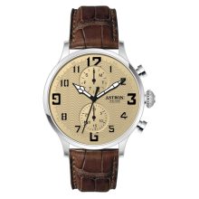 ASTRON 5506-5 férfi karóra, multifunkciós, ezüst színű nemesacél tok, barna bőrszíj, pezsgőszínű számlap, keményített ásványüveg, quartz szerkezet, cseppmentes vízállóság