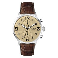   ASTRON 5506-5 férfi karóra, multifunkciós, ezüst színű nemesacél tok, barna bőrszíj, pezsgőszínű számlap, keményített ásványüveg, quartz szerkezet, cseppmentes vízállóság