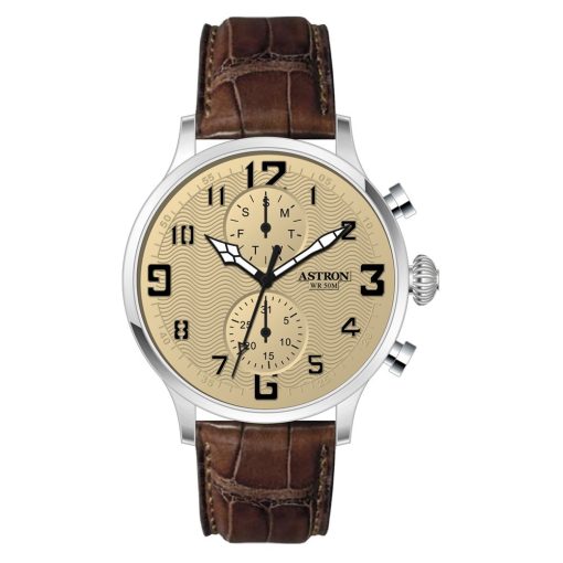 ASTRON 5506-5 férfi karóra, multifunkciós, ezüst színű nemesacél tok, barna bőrszíj, pezsgőszínű számlap, keményített ásványüveg, quartz szerkezet, cseppmentes vízállóság