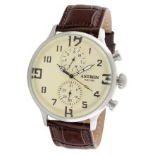 ASTRON 5506-5 férfi karóra, multifunkciós, ezüst színű nemesacél tok, barna bőrszíj, pezsgőszínű számlap, keményített ásványüveg, quartz szerkezet, cseppmentes vízállóság
