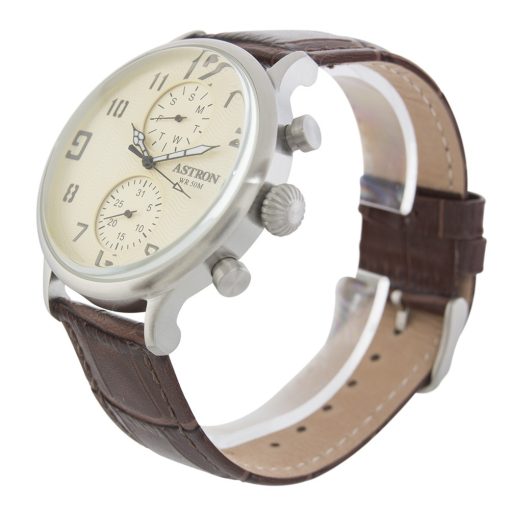 ASTRON 5506-5 férfi karóra, multifunkciós, ezüst színű nemesacél tok, barna bőrszíj, pezsgőszínű számlap, keményített ásványüveg, quartz szerkezet, cseppmentes vízállóság