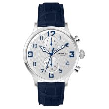 ASTRON 5506-7 férfi karóra, multifunkciós, ezüst színű nemesacél tok, kék bőrszíj, fehér számlap, keményített ásványüveg, quartz szerkezet, cseppmentes vízállóság