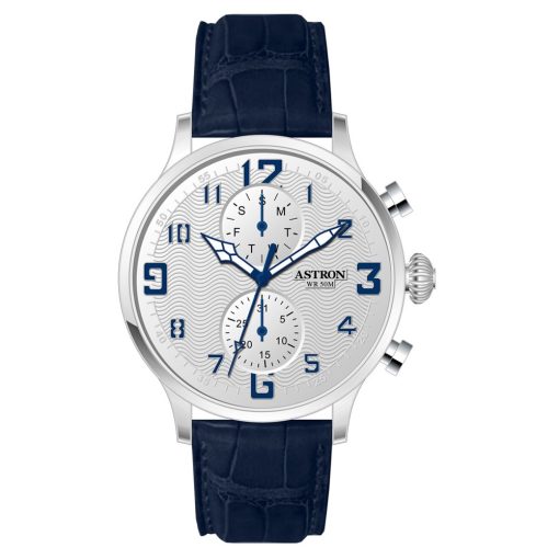 ASTRON 5506-7 férfi karóra, multifunkciós, ezüst színű nemesacél tok, kék bőrszíj, fehér számlap, keményített ásványüveg, quartz szerkezet, cseppmentes vízállóság