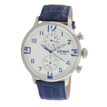 ASTRON 5506-7 férfi karóra, multifunkciós, ezüst színű nemesacél tok, kék bőrszíj, fehér számlap, keményített ásványüveg, quartz szerkezet, cseppmentes vízállóság