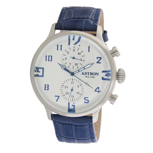 ASTRON 5506-7 férfi karóra, multifunkciós, ezüst színű nemesacél tok, kék bőrszíj, fehér számlap, keményített ásványüveg, quartz szerkezet, cseppmentes vízállóság