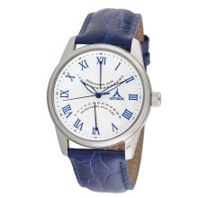 ASTRON 5507-7 férfi karóra, multifunkciós, ezüst színű nemesacél tok, kék bőrszíj, fehér számlap, keményített ásványüveg, multifunkciós quartz szerkezet, 50 m (5 ATM) vízállóság