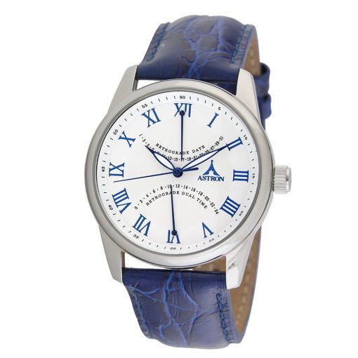 ASTRON 5507-7 férfi karóra, multifunkciós, ezüst színű nemesacél tok, kék bőrszíj, fehér számlap, keményített ásványüveg, multifunkciós quartz szerkezet, 50 m (5 ATM) vízállóság