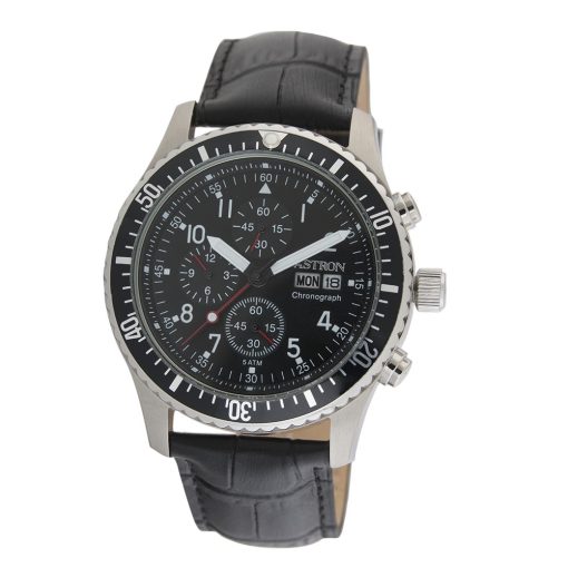 ASTRON 5508-0 férfi karóra, ezüst színű nemesacél tok, fekete bőrszíj, fekete számlap, keményített ásványüveg, chronograph quartz szerkezet, 50 m (5 ATM) vízállóság