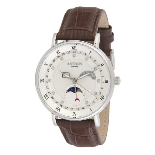ASTRON 5509-7 férfi karóra, multifunkciós, ezüst színű nemesacél tok, fekete bőrszíj, fehér számlap, zafírüveg, multifunkciós quartz szerkezet, cseppmentes vízállóság