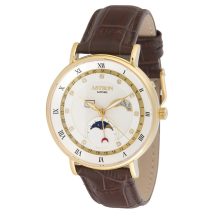 ASTRON 5509-8 férfi karóra, multifunkciós, arany színű nemesacél tok, barna bőrszíj, fehér számlap, zafír, quartz szerkezet, cseppmentes vízállóság