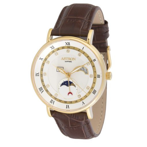ASTRON 5509-8 férfi karóra, multifunkciós, arany színű nemesacél tok, barna bőrszíj, fehér számlap, zafír, quartz szerkezet, cseppmentes vízállóság