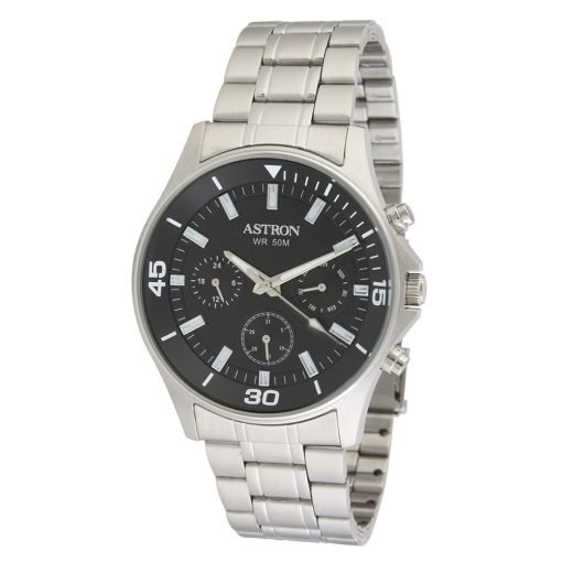 ASTRON 5510-1 sportos férfi karóra, ezüst színű nemesacél tok, ezüst színű nemesacél csat, fekete számlap, keményített ásványüveg, multifunkciós quartz szerkezet, 50 m (5 ATM) vízállóság