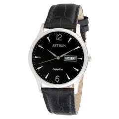   ASTRON 5511-1 férfi karóra, ezüst színű nemesacél tok, fekete bőrszíj, fekete számlap, zafír, quartz szerkezet, cseppmentes vízállóság