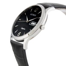 ASTRON 5511-1 férfi karóra, ezüst színű nemesacél tok, fekete bőrszíj, fekete számlap, zafír, quartz szerkezet, cseppmentes vízállóság