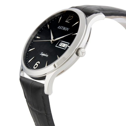 ASTRON 5511-1 férfi karóra, ezüst színű nemesacél tok, fekete bőrszíj, fekete számlap, zafír, quartz szerkezet, cseppmentes vízállóság