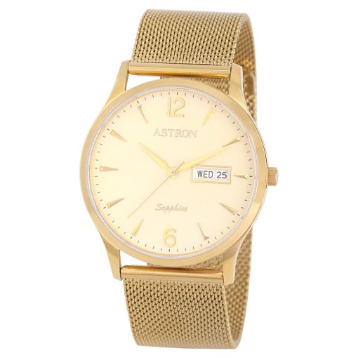 ASTRON 5511-5 férfi karóra, arany színű nemesacél tok, arany színű milánói nemesacél csat, pezsgőszínű számlap, zafír, quartz szerkezet, cseppmentes vízállóság