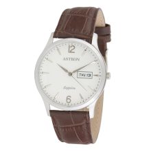 ASTRON 5511-7 férfi karóra, ezüst színű nemesacél tok, barna bőrszíj, fehér számlap, zafír, quartz szerkezet, cseppmentes vízállóság